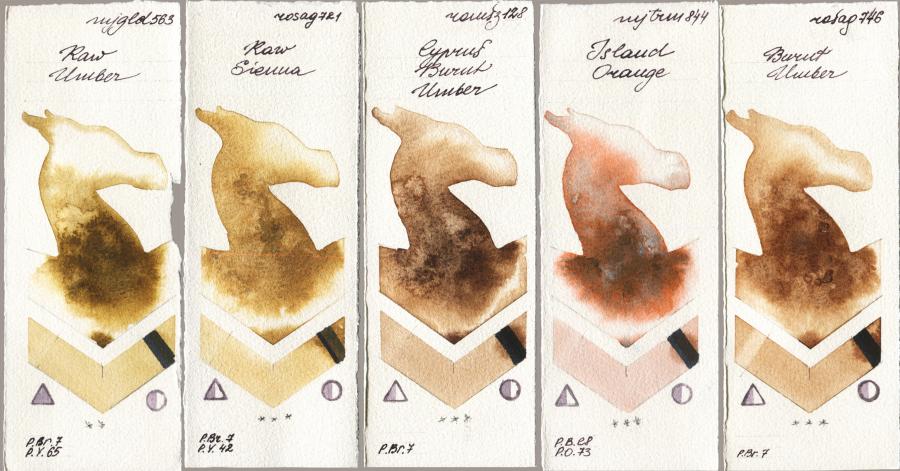 Mijello Mission Gold 563 Raw Umber vs Rosa Gallery 721 Raw Sienna vs Roman Szmal Aquarius 128 Cyprus Burnt Umber vs 844 Island Orange vs 746 Burnt Umber watercolor swatch