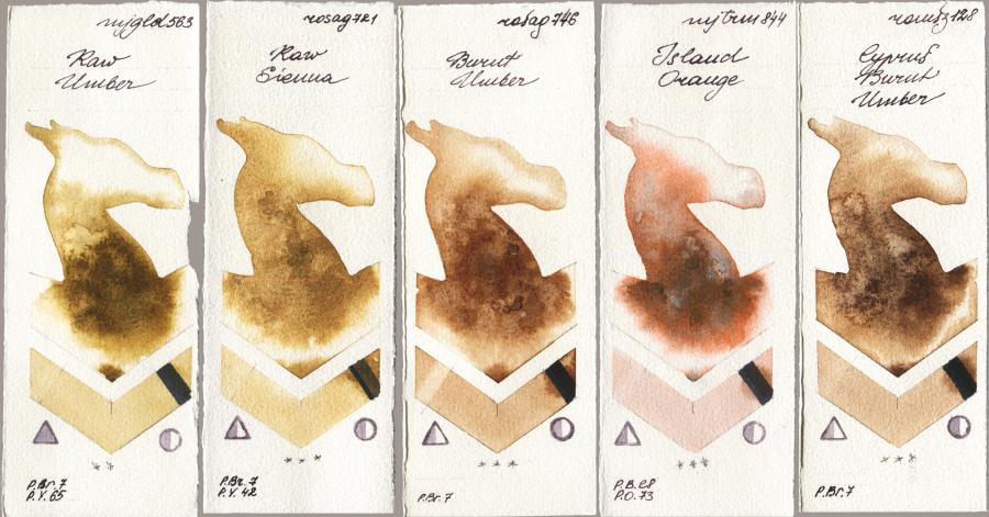 Mijello Mission Gold 563 Raw Umber vs Rosa Gallery 721 Raw Sienna vs 746 Burnt Umber vs 844 Island Orange vs Roman Szmal Aquarius 128 Cyprus Burnt Umber watercolor swatch