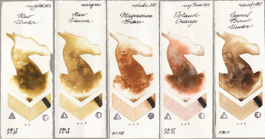 Mijello Mission Gold 563 Raw Umber vs Rosa Gallery 721 Raw Sienna vs Winsor & Newton Professional 381 Magnesuim Brown vs 844 Island Orange vs Roman Szmal Aquarius 128 Cyprus Burnt Umber watercolor swatch
