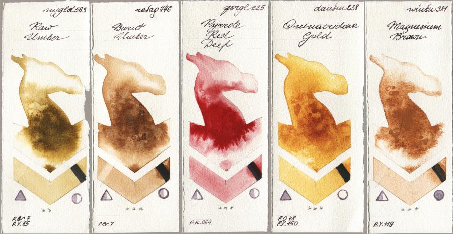 Mijello Mission Gold 563 Raw Umber vs Rosa Gallery 746 Burnt Umber vs Golden QOR 225 Pyrrole Red Deep vs Daniel Smith 238 Quinacridone Gold vs Winsor & Newton Professional 381 Magnesuim Brown watercolor swatch