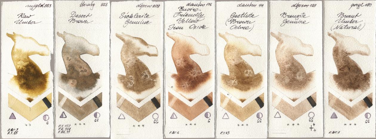 Mijello Mission Gold 563 Raw Umber, Shminke Horadam Aquarell 923 Desert Brown, Daniel Smith 209 Sicklerite Genuine, 176 Enviro-Friendly Yellow Iron Oxide, 144 Goethite (Brown Ochre), 199 Bronzite Genuine, Golden QOR 480 Burnt Umber (Natura watercolor swatch
