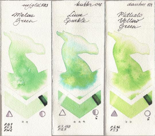 Mijello Mission Gold 593 Melon Green, Kusakabe 016 Lime Sparkle, Daniel Smith 124 Phthalo Yellow Gre watercolor swatch