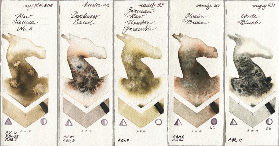 Mijello Mission Gold 606 Raw Sienna No 2 vs Kusakabe 012 Darkness Sand vs Roman Szmal Aquarius 125 German Raw Umber Greenish vs Shminke Horadam Aquarell 964 Glacier Brown vs Royal Talens Van Gogh Watercolour 735 Oxide Black watercolor swatch