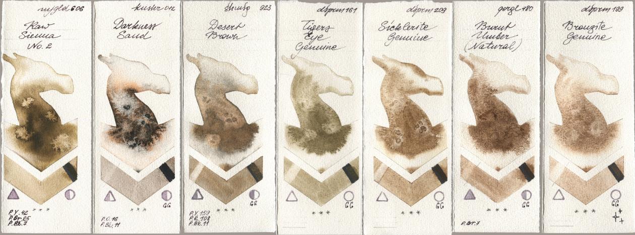 Mijello Mission Gold 606 Raw Sienna No 2, Kusakabe 012 Darkness Sand, Shminke Horadam Aquarell 923 Desert Brown, Daniel Smith 161 Tigers Eye Genuine, 209 Sicklerite Genuine, Golden QOR 480 Burnt Umber (Natural), 199 Bronzite Genui watercolor swatch