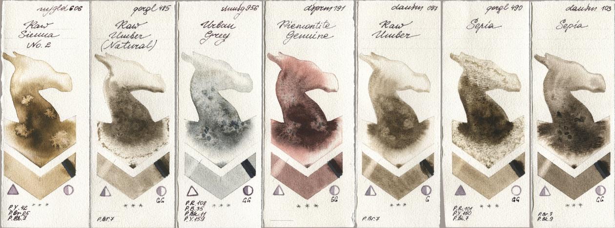 Mijello Mission Gold 606 Raw Sienna No 2, Golden QOR 485 Raw Umber (Natural), Shminke Horadam Aquarell 956 Urban Grey, Daniel Smith 191 Piemontite Genuine, 097 Raw Umber, 490 Sepia, 103 Sep watercolor swatch