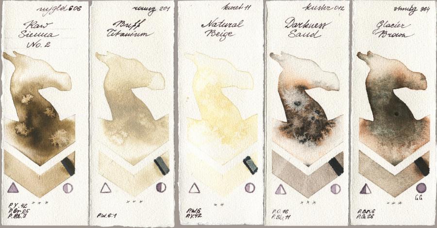 Mijello Mission Gold 606 Raw Sienna No 2 vs Roman Szmal Aquarius 201 Buff Titanium vs Kuretake Gansai Tambi 011 Natural Beige vs Kusakabe 012 Darkness Sand vs Shminke Horadam Aquarell 964 Glacier Brown watercolor swatch