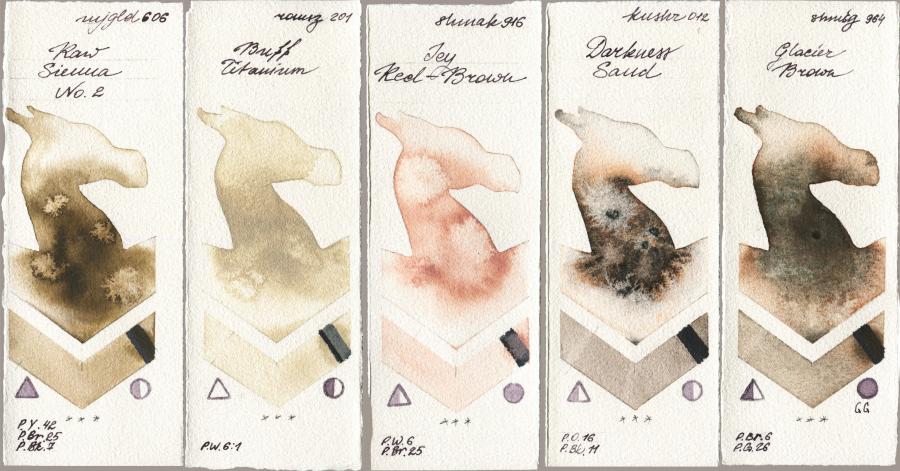 Mijello Mission Gold 606 Raw Sienna No 2 vs Roman Szmal Aquarius 201 Buff Titanium vs Shminke Akademie Aquarell 916 Icy Red-Brown vs Kusakabe 012 Darkness Sand vs Shminke Horadam Aquarell 964 Glacier Brown watercolor swatch