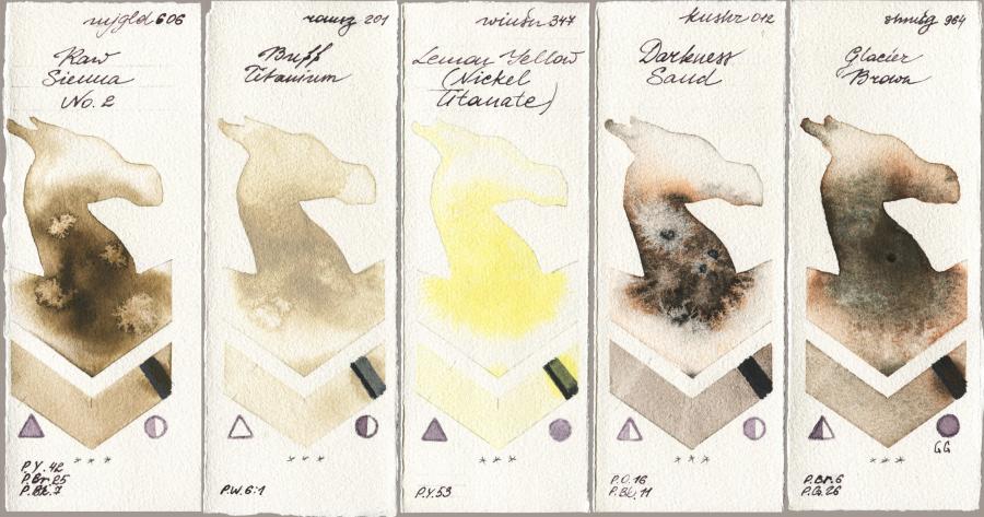 Mijello Mission Gold 606 Raw Sienna No 2 vs Roman Szmal Aquarius 201 Buff Titanium vs Winsor & Newton Professional 347 Lemon Yellow (Nickel Titanate) vs Kusakabe 012 Darkness Sand vs Shminke Horadam Aquarell 964 Glacier Brown watercolor swatch