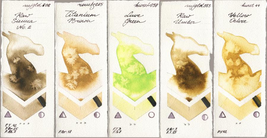 Mijello Mission Gold 606 Raw Sienna No 2 vs Roman Szmal Aquarius 265 Titanium Brown vs Kuretake Gansai Tambi 059 Lime Green vs 563 Raw Umber vs 044 Yellow Ochre watercolor swatch