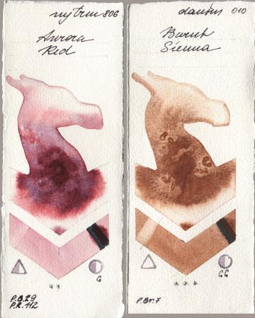 Mijello Mission Gold 806 Aurora Red, Daniel Smith 010 Burnt Sien watercolor swatch