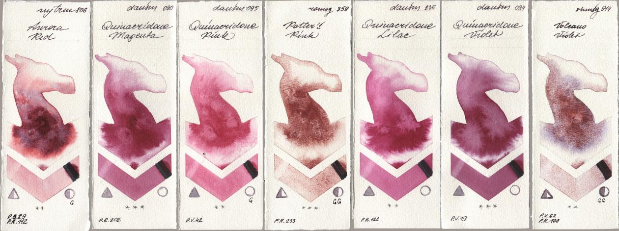 Mijello Mission Gold 806 Aurora Red, Daniel Smith 090 Quinacridone Magenta, 095 Quinacridone Pink, Roman Szmal Aquarius 359 Potters Pink, 236 Quinacridone Lilac, 094 Quinacridone Violet, Shminke Horadam Aquarell 914 Volcano Viol watercolor swatch