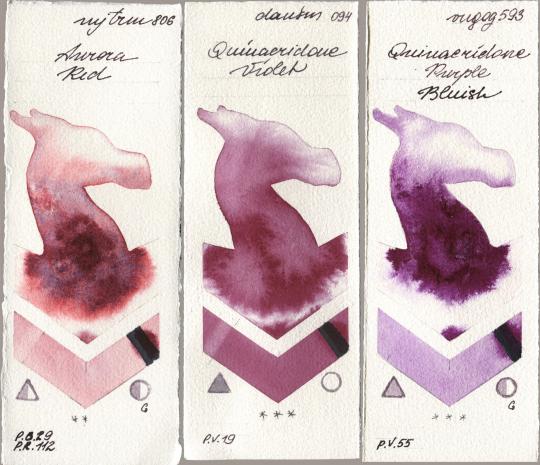 Mijello Mission Gold 806 Aurora Red, Daniel Smith 094 Quinacridone Violet, Royal Talens Van Gogh Watercolour 593 Quinacridone Purple Blui watercolor swatch