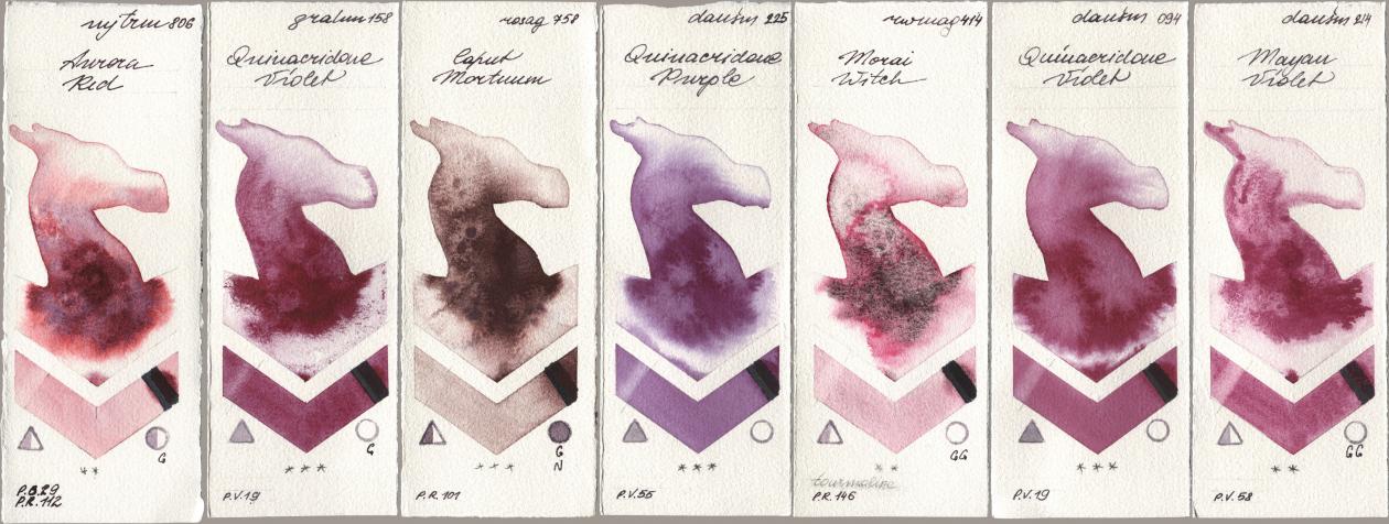 Mijello Mission Gold 806 Aurora Red, M. Graham & Co. Artists 158 Quinacridone Violet, Rosa Gallery 758 Caput Mortuum, Daniel Smith 225 Quinacridone Purple, Rockwell 414 Morai Witch, 094 Quinacridone Violet, 214 Mayan Viol watercolor swatch