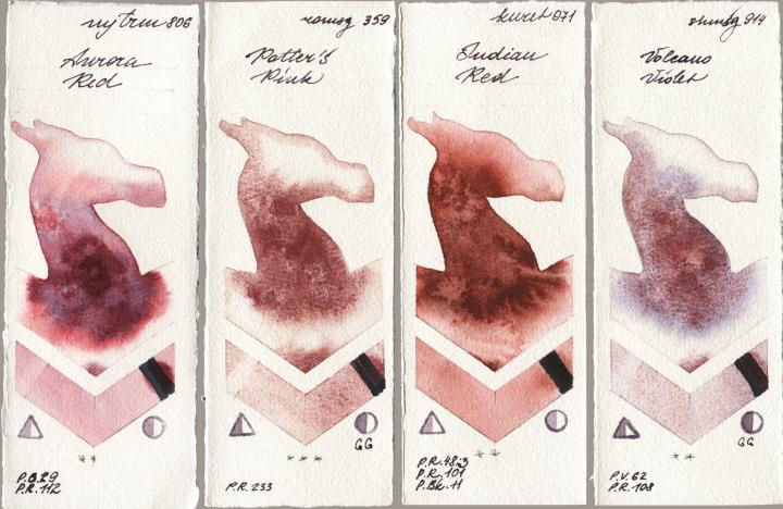 Mijello Mission Gold 806 Aurora Red vs Roman Szmal Aquarius 359 Potters Pink vs Kuretake Gansai Tambi 071 Indian Red vs Shminke Horadam Aquarell 914 Volcano Violet watercolor swatch