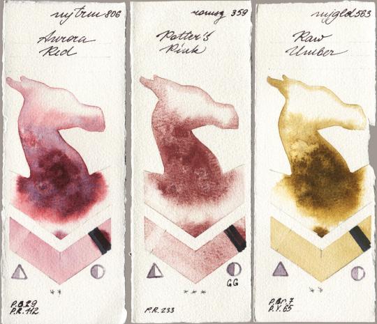 Mijello Mission Gold 806 Aurora Red vs Roman Szmal Aquarius 359 Potters Pink vs 563 Raw Umber watercolor swatch
