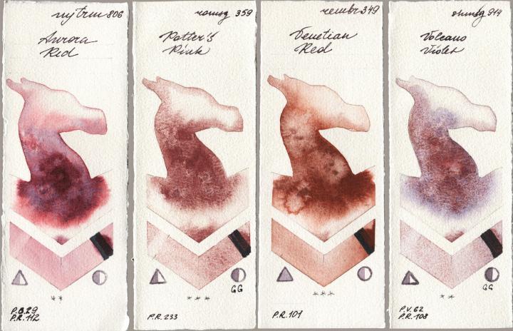 Mijello Mission Gold 806 Aurora Red vs Roman Szmal Aquarius 359 Potters Pink vs Royal Talens Rembrandt Watercolour 349 Venerian Red vs Shminke Horadam Aquarell 914 Volcano Violet watercolor swatch