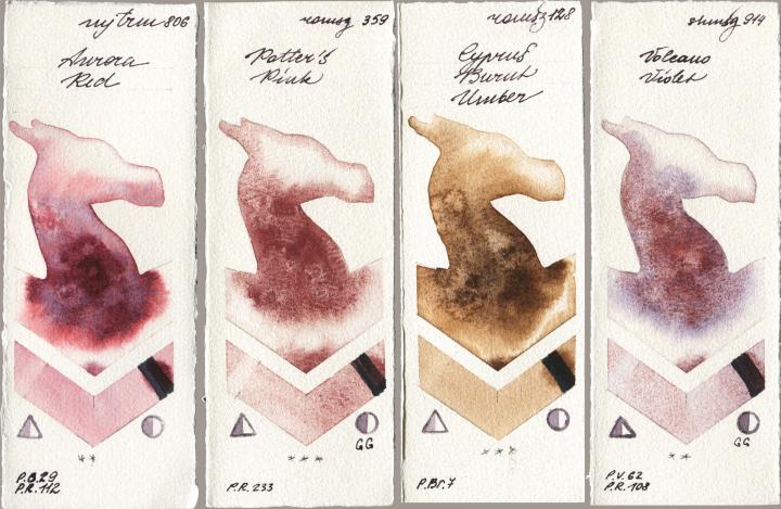 Mijello Mission Gold 806 Aurora Red vs Roman Szmal Aquarius 359 Potters Pink vs 128 Cyprus Burnt Umber vs Shminke Horadam Aquarell 914 Volcano Violet watercolor swatch