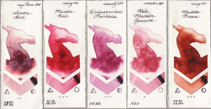 Mijello Mission Gold 806 Aurora Red vs Rosa Gallery 726 Madder Rose vs Roman Szmal Aquarius 358 Quinacridone Fuchsia vs Winsor & Newton Professional 587 Rose Madder Genuine vs 757 Madder Brown watercolor swatch