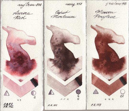 Mijello Mission Gold 806 Aurora Red, Rosa Gallery 758 Caput Mortuum, M. Graham & Co. Artists 113 Maroon Peryle watercolor swatch