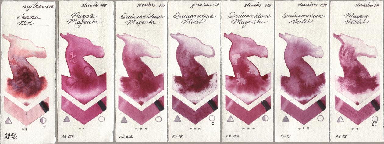 Mijello Mission Gold 806 Aurora Red, Shminke Horadam Aquarell 367 Purple Magenta, Daniel Smith 090 Quinacridone Magenta, M. Graham & Co. Artists 158 Quinacridone Violet, 369 Quinacridone Magenta, 094 Quinacridone Violet, 214 Mayan Viol watercolor swatch