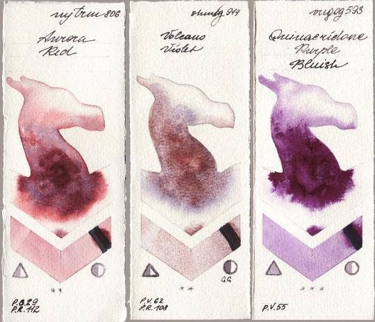 Mijello Mission Gold 806 Aurora Red vs Shminke Horadam Aquarell 914 Volcano Violet vs Royal Talens Van Gogh Watercolour 593 Quinacridone Purple Bluish watercolor swatch