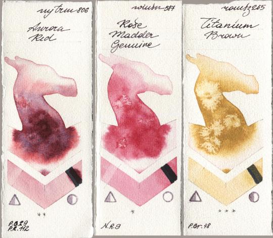 Mijello Mission Gold 806 Aurora Red vs Winsor & Newton Professional 587 Rose Madder Genuine vs Roman Szmal Aquarius 265 Titanium Brown watercolor swatch