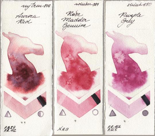 Mijello Mission Gold 806 Aurora Red vs Winsor & Newton Professional 587 Rose Madder Genuine vs Shinhan PWC 650 Purple Grey watercolor swatch