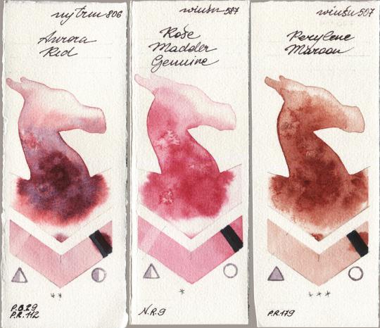 Mijello Mission Gold 806 Aurora Red vs Winsor & Newton Professional 587 Rose Madder Genuine vs 507 Perylene Maroon watercolor swatch