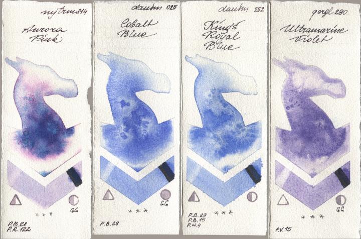 Mijello Mission Gold 814 Aurora Pink, Daniel Smith 025 Cobalt Blue, 252 King’s Royal Blue, Golden QOR 290 Ultramarine Viol watercolor swatch