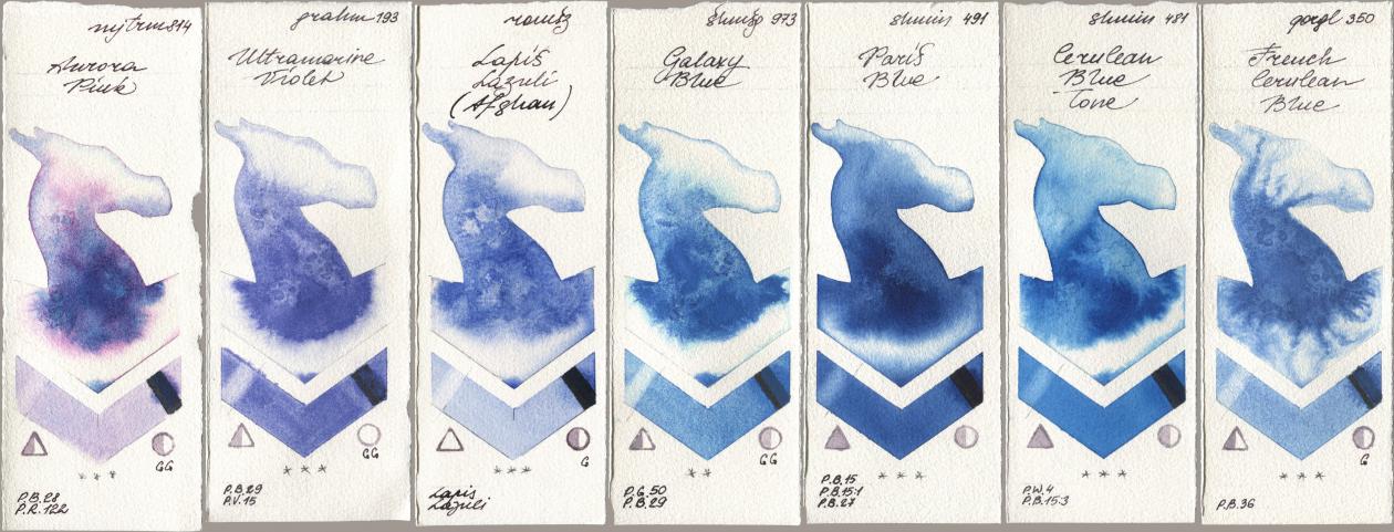 Mijello Mission Gold 814 Aurora Pink, M. Graham & Co. Artists 193 Ultramarine Violet, Roman Szmal Aquarius 999 Lapis Lazuli Afghan, Shminke Horadam Aquarell 973 Galaxy Blue, 491 Paris Blue, 481 Cerulean Blue Tone, Golden QOR 350 French Cerulean Bl watercolor swatch