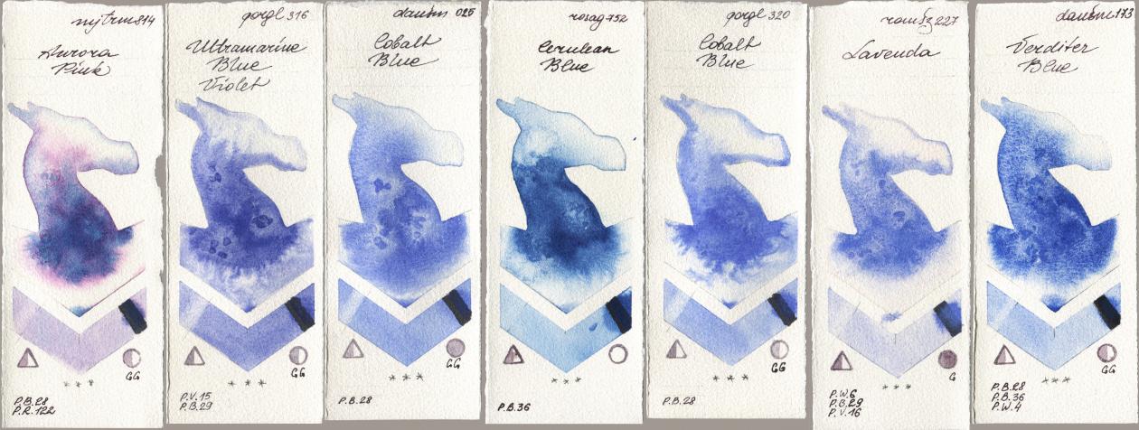 Mijello Mission Gold 814 Aurora Pink, Golden QOR 316 Ultramarine Blue Violet, Daniel Smith 025 Cobalt Blue, Rosa Gallery 752 Cerulean Blue, 320 Cobalt Blue, Roman Szmal Aquarius 227 Lavenda, 173 Verditer Bl watercolor swatch