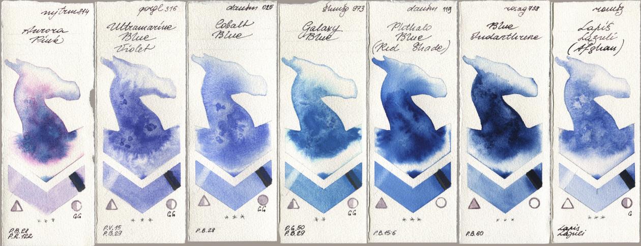 Mijello Mission Gold 814 Aurora Pink, Golden QOR 316 Ultramarine Blue Violet, Daniel Smith 025 Cobalt Blue, Shminke Horadam Aquarell 973 Galaxy Blue, 119 Phthalo Blue (Red Shade), Rosa Gallery 738 Blue Indanthrene, Roman Szmal Aquarius 999 Lapis Lazuli Afgh watercolor swatch