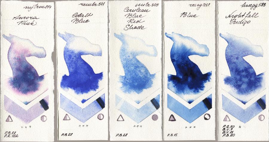Mijello Mission Gold 814 Aurora Pink vs Royal Talens Rembrandt Watercolour 511 Cobalt Blue vs Sennelier l Aquarelle 305 Cerulean Blue Red Shade vs Rosa Gallery 718 Blue vs Holbein Artists Watercolor 533 Nightfall Indigo watercolor swatch