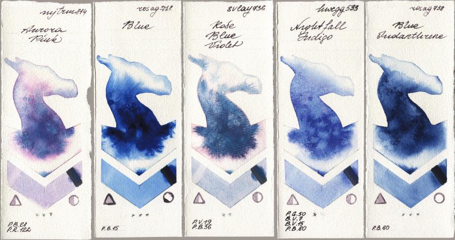 Mijello Mission Gold 814 Aurora Pink vs Rosa Gallery 718 Blue vs SuperVision 736 Rose Blue Violet vs Holbein Artists Watercolor 533 Nightfall Indigo vs 738 Blue Indanthrone watercolor swatch