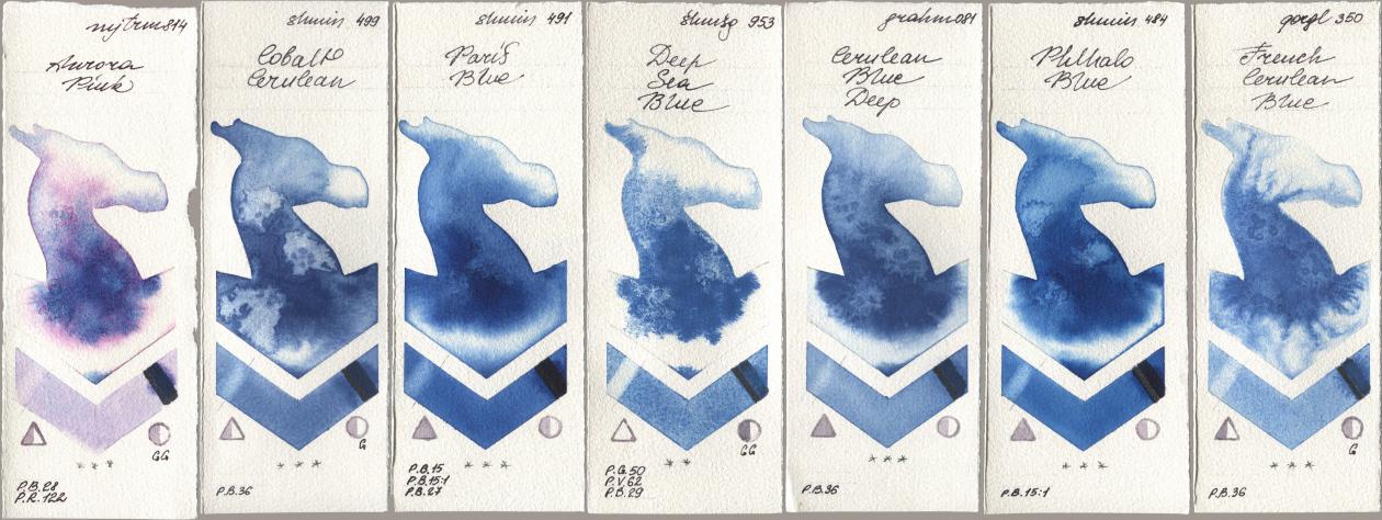 Mijello Mission Gold 814 Aurora Pink, Shminke Horadam Aquarell 499 Cobalt Cerulean, 491 Paris Blue, 953 Deep Sea Blue, M. Graham & Co. Artists 081 Cerulean Blue Deep, 484 Phthalo Blue, Golden QOR 350 French Cerulean Bl watercolor swatch