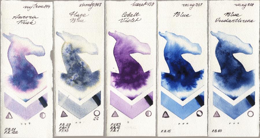 Mijello Mission Gold 814 Aurora Pink vs Shminke Horadam Aquarell 967 Haze Blue vs Kuretake Gansai Tambi 139 Cobalt Violet vs Rosa Gallery 718 Blue vs 738 Blue Indanthrone watercolor swatch