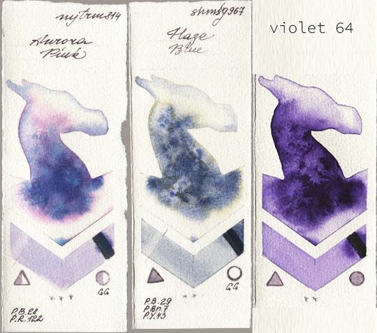 Mijello Mission Gold 814 Aurora Pink, Shminke Horadam Aquarell 967 Haze Blue, my 064 violet watercolor swatch