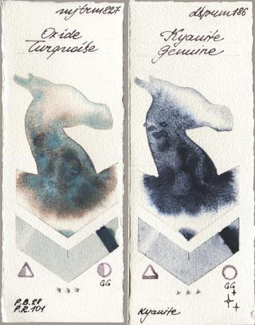 Mijello Mission Gold 827 Oxide Turquoise, Daniel Smith 186 Kyanite Genui watercolor swatch