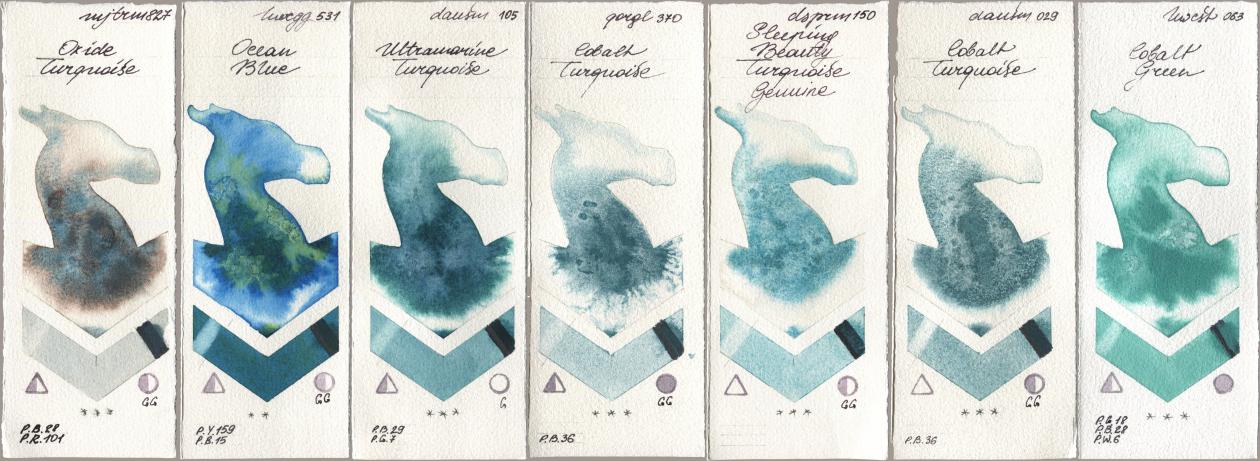 Mijello Mission Gold 827 Oxide Turquoise, Holbein Artists Watercolor 531 Ocean Blue, Daniel Smith 105 Ultramarine Turquoise, Golden QOR 370 Cobalt Turquoise, 150 Sleeping Beauty Turquoise Genuine, 029 Cobalt Turquoise, 063 Cobalt Gre watercolor swatch