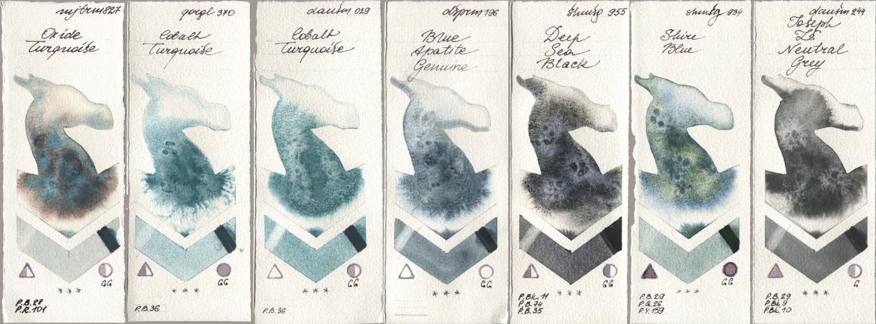 Mijello Mission Gold 827 Oxide Turquoise, Golden QOR 370 Cobalt Turquoise, Daniel Smith 029 Cobalt Turquoise, 196 Blue Apatite Genuine, Shminke Horadam Aquarell 955 Deep Sea Black, 934 Shire Blue, 244 Joseph Zs Neutral Gr watercolor swatch