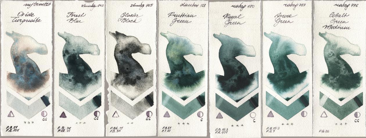 Mijello Mission Gold 827 Oxide Turquoise, Shminke Horadam Aquarell 943 Forest Blue, 965 Glacier Black, Daniel Smith 128 Prussian Green, Rosa Gallery 780 Royal Green, 767 Azure Green, 776 Cobalt Green Medi watercolor swatch