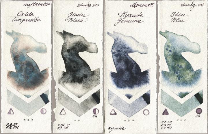 Mijello Mission Gold 827 Oxide Turquoise vs Shminke Horadam Aquarell 965 Glacier Black vs Daniel Smith 186 Kyanite Genuine vs 934 Shire Blue watercolor swatch