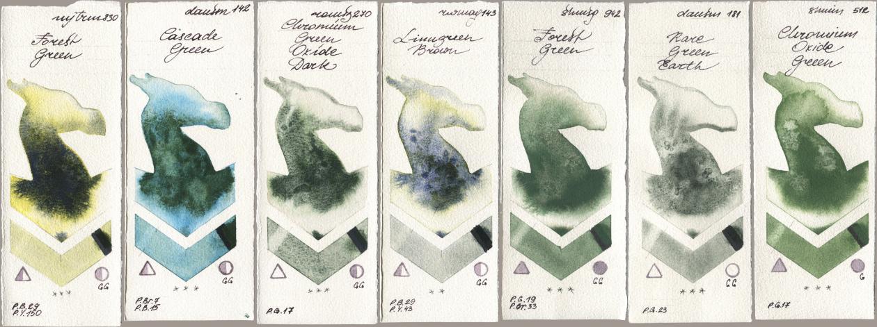 Mijello Mission Gold 830 Forest Green, Daniel Smith 142 Cascade Green, Roman Szmal Aquarius 270 Chromium Green Oxide Dark, Rockwell 143 Limugreen Brown, Shminke Horadam Aquarell 942 Forest Green, 181 Rare Green Earth, 512 Chromium Oxide Gre watercolor swatch