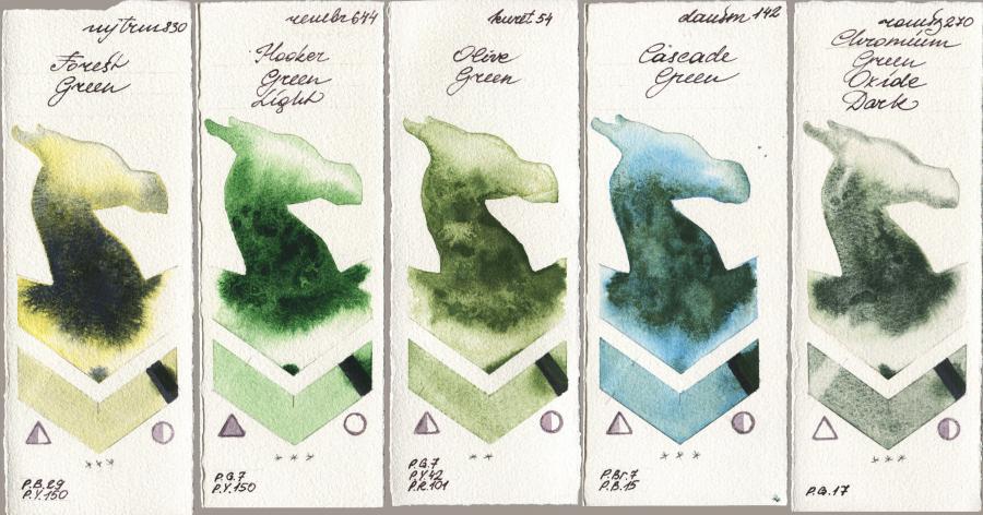 Mijello Mission Gold 830 Forest Green vs Royal Talens Rembrandt Watercolour 644 Hooker Green Light vs Kuretake Gansai Tambi 054 Olive Green vs Daniel Smith 142 Cascade Green vs Roman Szmal Aquarius 270 Chromium Green Oxide Dark watercolor swatch