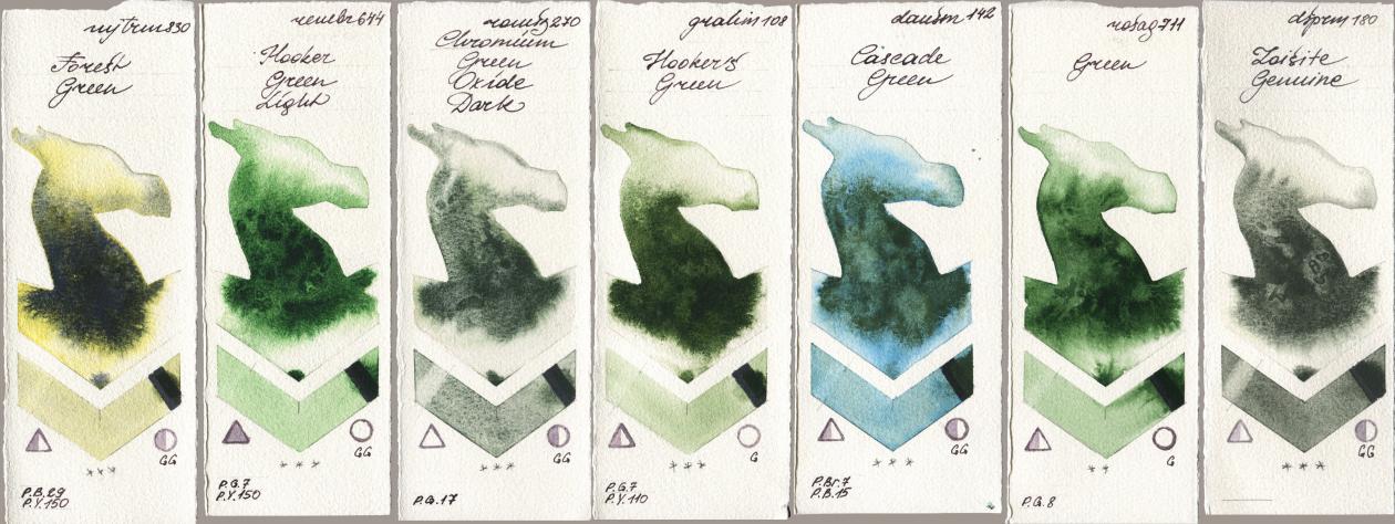 Mijello Mission Gold 830 Forest Green, Royal Talens Rembrandt Watercolour 644 Hooker Green Light, Roman Szmal Aquarius 270 Chromium Green Oxide Dark, M. Graham & Co. Artists 108 Hookers Green, Daniel Smith 142 Cascade Green, Rosa Gallery 711 Green, 180 Zoisite Genui watercolor swatch