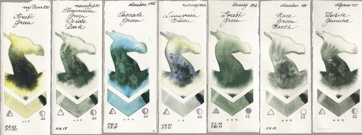 Mijello Mission Gold 830 Forest Green, Roman Szmal Aquarius 270 Chromium Green Oxide Dark, Daniel Smith 142 Cascade Green, Rockwell 143 Limugreen Brown, Shminke Horadam Aquarell 942 Forest Green, 181 Rare Green Earth, 180 Zoisite Genui watercolor swatch