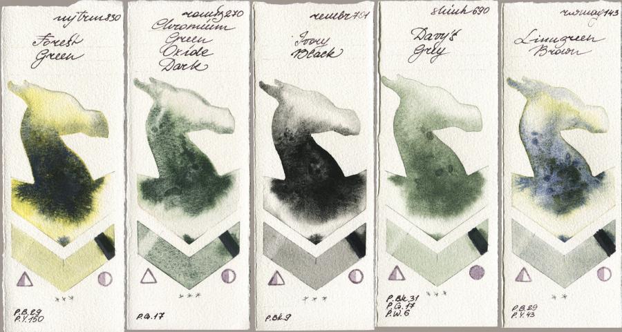 Mijello Mission Gold 830 Forest Green vs Roman Szmal Aquarius 270 Chromium Green Oxide Dark vs Royal Talens Rembrandt Watercolour 701 Ivory Black vs Shinhan PWC 690 Davys Grey vs Rockwell 143 Limugreen Brown watercolor swatch
