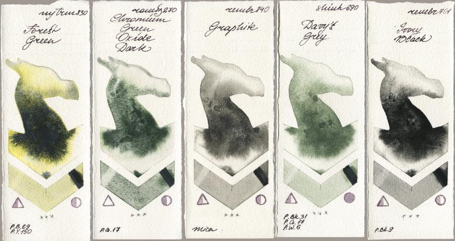 Mijello Mission Gold 830 Forest Green vs Roman Szmal Aquarius 270 Chromium Green Oxide Dark vs Royal Talens Rembrandt Watercolour 840 Graphite vs Shinhan PWC 690 Davys Grey vs 701 Ivory Black watercolor swatch