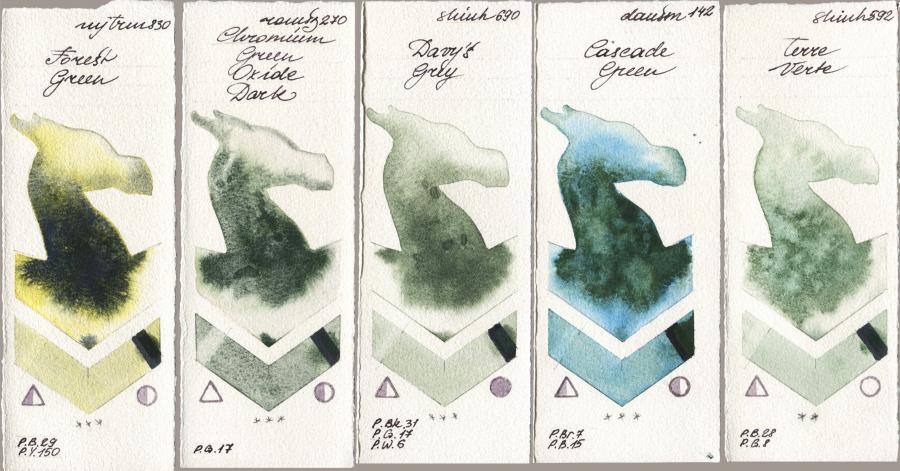 Mijello Mission Gold 830 Forest Green vs Roman Szmal Aquarius 270 Chromium Green Oxide Dark vs Shinhan PWC 690 Davys Grey vs Daniel Smith 142 Cascade Green vs 592 Terre Verte watercolor swatch