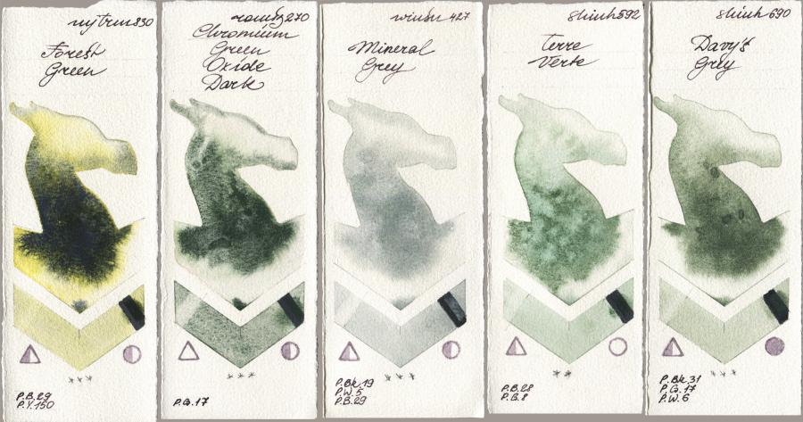 Mijello Mission Gold 830 Forest Green vs Roman Szmal Aquarius 270 Chromium Green Oxide Dark vs Winsor & Newton Professional 427 Mineral Grey vs Shinhan PWC 592 Terre Verte vs 690 Davys Grey watercolor swatch
